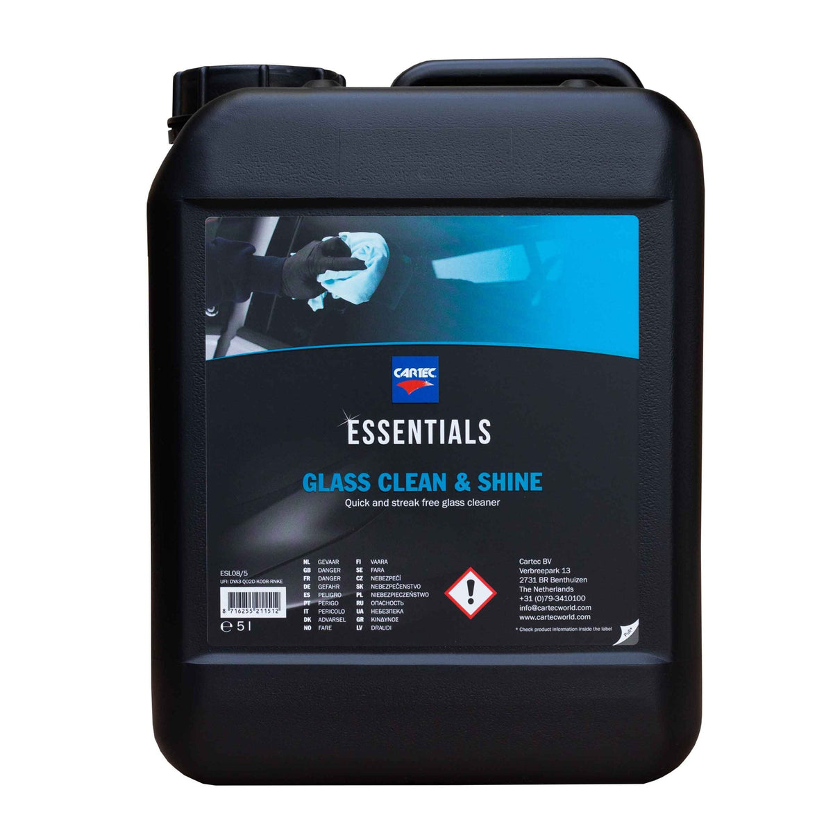 tanica di Cartec Glass Clean & Shine in flacone spray, posizionato su sfondo bianco.